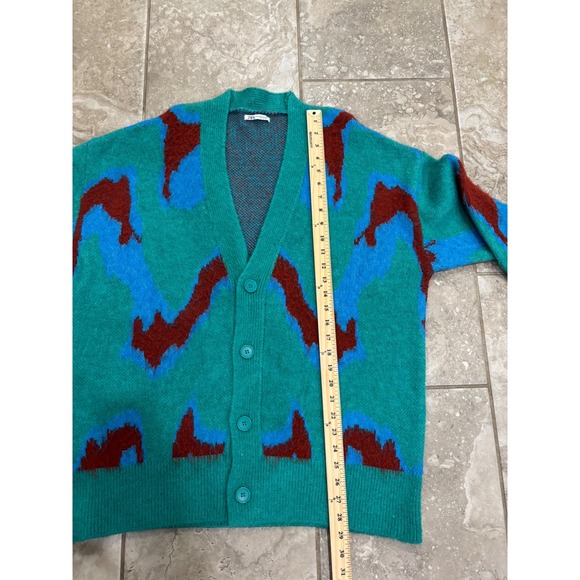 Zara Mens Abstract Jacquard Knit Cardigan Teal Blue Burgundy L-XL - Picture 13 of 14